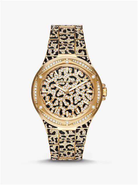 michael kors oversized lennox animal pavé gold-tone watch